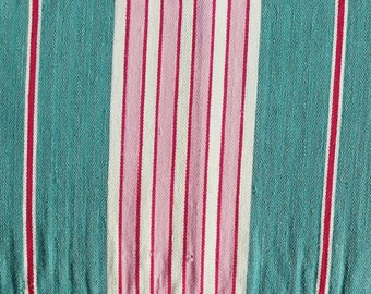 001G Beautiful Timeworn Antique Ticking Fabric c 1940 SOFT and Faded European Vintage Cotton Twill Pink and Green Stripes