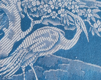 15.31 Yards - UNUSED Antique Blue Birds Ticking Fabric Chinoiserie 1940s Vintage Cotton Upholstery Yardage - Ticking Depot - Da-Azul-002