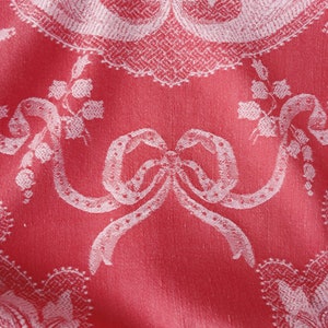 55&quot;x58&quot; ANTIQUE Ticking Fabric 1940s Floral  Garlands & Ribbon Red Cotton 1900s Material - Ticking Depot - Rec-Da-Rojo-033