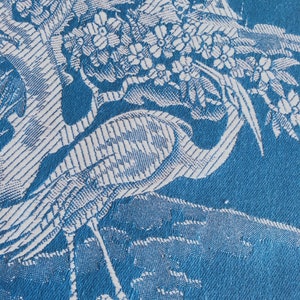 Fabric SAMPLE 4&quot;x4&quot; -  UNUSED Antique Blue Birds Ticking Fabric Chinoiserie 1940s Vintage Cotton Upholstery Yardage - Da-Azul-002