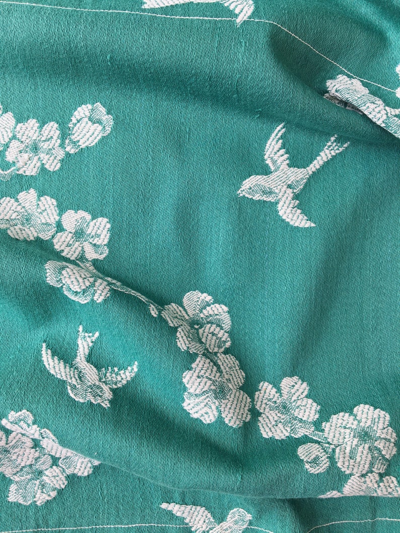 20x51 Very RARE Antique Green Birds Ticking Fabric 1920s Historic Cotton Cherry Trees & Swallows Ticking Depot Rec-Da-Verde-031 image 9