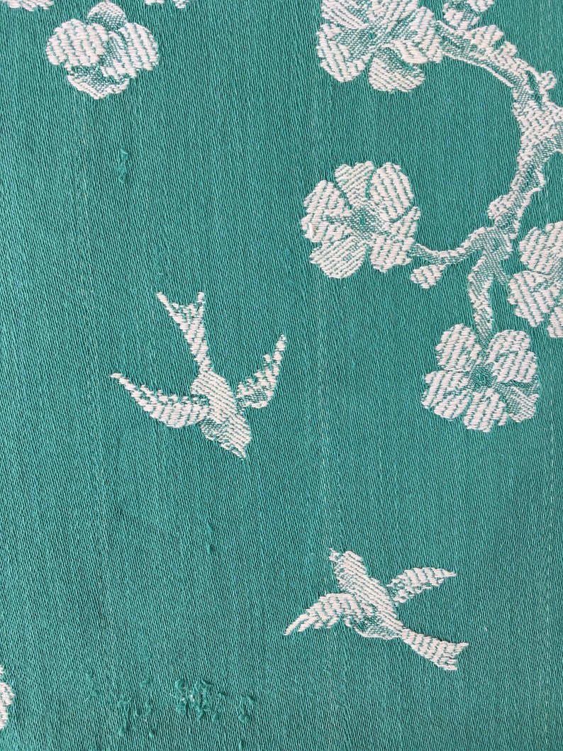 20x51 Very RARE Antique Green Birds Ticking Fabric 1920s Historic Cotton Cherry Trees & Swallows Ticking Depot Rec-Da-Verde-031 image 5