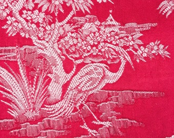 4" x 4" SAMPLE - Antique Red Exotic Birds Ticking Fabric Chinoiserie 1940s Historic Interior Design - Rec-Da-Rojo-028