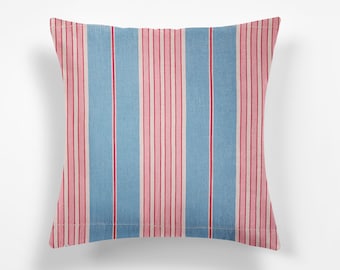 One Antique European Ticking Pillow RARE Pink Blue Stripes 1900s One or Two Sided High End Designer
