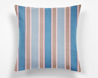 Housse de coussin européenne antique haut de gamme à rayures bleu ciel et taupe, HISTORIQUE des années 1950, recto - support en lin