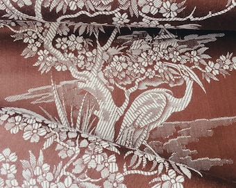 0.87 Yards - Beautiful Antique Ticking Fabric Brown Birds Sturdy Cotton Rare UNUSED Old Stock 1940s Unique - Ticking Depot - Da-Marron-001