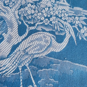 Fabric SAMPLE 4&quot;x4&quot; -  UNUSED Antique Blue Birds Ticking Fabric Chinoiserie 1940s Vintage Cotton Upholstery Yardage - Da-Azul-002