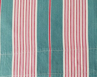 001J ANTIQUE Pink and Green Ticking Fabric | 1940s Candy Stripes | Upholstery | Vintage Cotton | Antique European Rustic