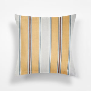 Beautiful Antique European Ticking Decorative Pillow Cover RARE Mustard Sky Blue Grey Striped One Sided - Linen Backing 18x18 20x20
