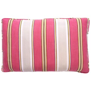 May include: A pink and white striped throw pillow with brown and yellow stripes. The pillow is made of a soft, woven fabric.