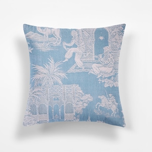 High End Celestine Blue Antique European Ticking Pillow Cover RARE Oriental Motif Cotton 1950s One Sided - Linen Backing
