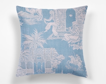 High End Celestine Blue Antique European Ticking Pillow RARE Oriental Motif Cotton 1950s One Sided - Linen Backing