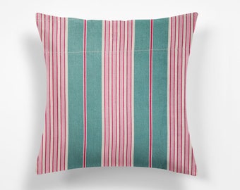 Pink Green VINTAGE Ticking Fabric Decorative Pillow One or Two Sided Soft Cotton Twill High End Designer