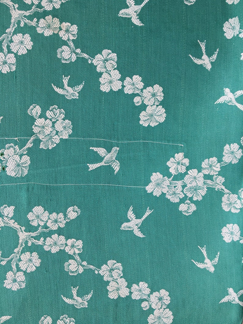 20x51 Very RARE Antique Green Birds Ticking Fabric 1920s Historic Cotton Cherry Trees & Swallows Ticking Depot Rec-Da-Verde-031 image 3