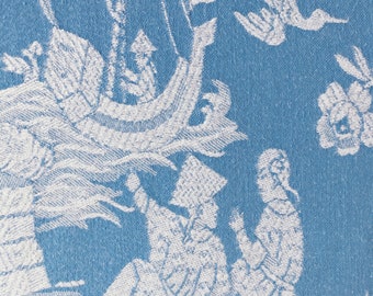 4" x 4" SAMPLE - Antique Ticking Fabric Light Blue Chinoiserie Soft Textured Jacquard Cotton 1900s Historic  - Rec-Da-Azul-020B