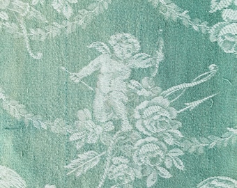 11"x62" 1930s Lovely Cupid Soft Green Antique Ticking Fabric Timeworn Damask Cotton RARE Treasure - Ticking Depot - Rec-Da-Verde-014