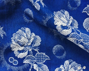 4" x 4" SAMPLE - Vintage Ticking Fabric Cobalt Blue Floral Pattern Sturdy Medium to Heavy Weight Cotton - Rec-Da-Azul-032