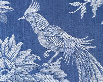 Antique Cobalt Blue Ticking Fabric: 1950s Floral Damask