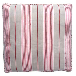 May include: A grey and white striped pillow with pink and red stripes. The pillow is made of a soft, woven fabric.