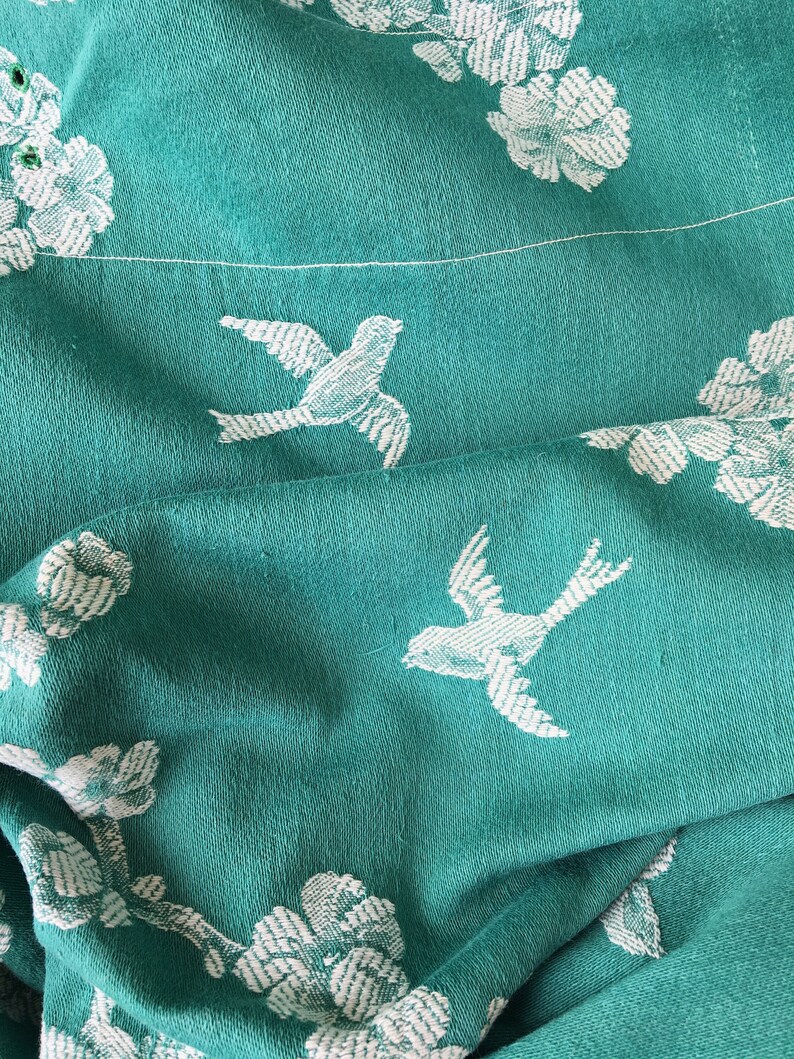 20x51 Very RARE Antique Green Birds Ticking Fabric 1920s Historic Cotton Cherry Trees & Swallows Ticking Depot Rec-Da-Verde-031 image 2