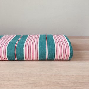 46&quot;x52&quot; Pink Green RARE Vintage Striped Ticking Fabric Cotton Twill 1940s Antique Material - Ticking Depot - Rec-Ra-Verde-001Q