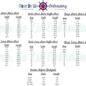 May include: A white background features size charts for children's clothing, including short and long sleeve shirts, ruffle shirts, and bodysuits. Measurements are provided in inches for width and length, with sizes ranging from 12 months to 12 years.