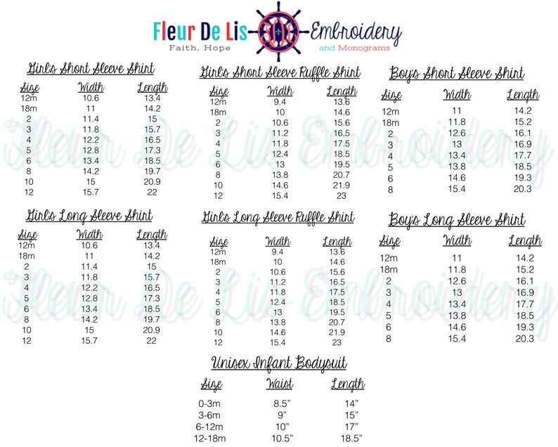 May include: A white background features size charts for children's clothing, including short and long sleeve shirts, ruffle shirts, and bodysuits. Measurements are provided in inches for width and length, with sizes ranging from 12 months to 12 years.