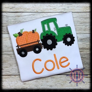 Boy&#39;s Pumpkin Tractor Shirt, Tractor and Pumpkin Trailer Applique Shirt