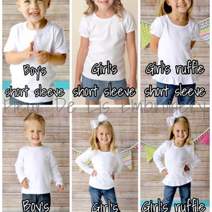 May include: A collage of children's white t-shirts. The image shows short and long sleeve options for boys and girls. Some shirts have ruffle details. Text on the image reads "Boy's short sleeve", "Girl's short sleeve", "Girl's ruffle short sleeve", "Boy's long sleeve", "Girl's long sleeve", and "Girl's ruffle long sleeve".