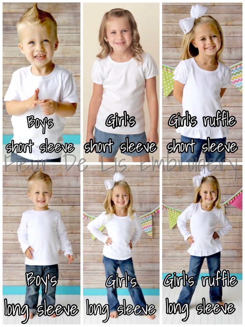 May include: A collage of children's white t-shirts. The image shows short and long sleeve options for boys and girls. Some shirts have ruffle details. Text on the image reads "Boy's short sleeve", "Girl's short sleeve", "Girl's ruffle short sleeve", "Boy's long sleeve", "Girl's long sleeve", and "Girl's ruffle long sleeve".