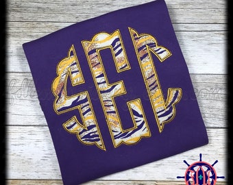 LSU Inspired Monogram Shirt, Personalized Purple & Gold Applique Shirt, Tiger Stripe Applique Shirt, LSU Inspired Monogram