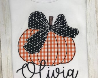 Girls Personalized Pumpkin Bow Shirt, Toddler Pumpkin Shirt, Halloween Pumpkin, Pumpkin Patch, Thanksgiving Pumpkin Shirt