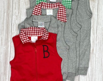 Boys Personalized Gingham Trim Vest: Full Zip Fall Outerwear