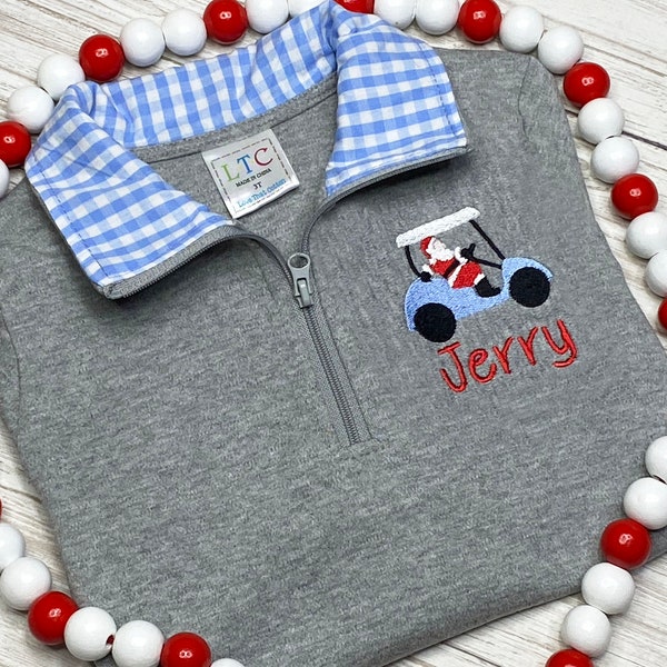 Kids Christmas Pullover / Santa Golf Cart Quarter Zip / Personalized Christmas Shirt / Gift for Boy / Gift for Girl