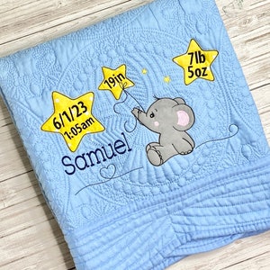 Elephant Baby Heirloom Quilt / Personalized Birth Stat Baby Quilt / Custom Baby Gift / Elephant Nursery Decor / Crib Blanket