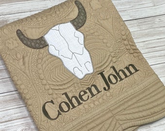 Cow Skull Baby Heirloom Quilt / Personalized Baby Quilt / New Baby Gift / Baby Boy Gift / Nursery Decor / Crib Blanket