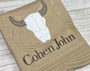 Cow Skull Baby Heirloom Quilt / Personalized Baby Quilt / New Baby Gift / Baby Boy Gift / Nursery Decor / Crib Blanket