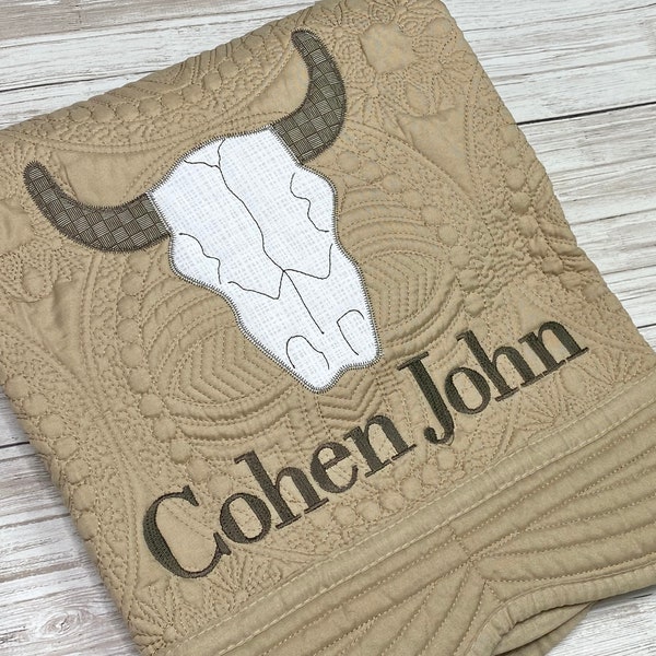 Cow Skull Baby Heirloom Quilt / Personalized Baby Quilt / New Baby Gift / Baby Boy Gift / Nursery Decor / Crib Blanket