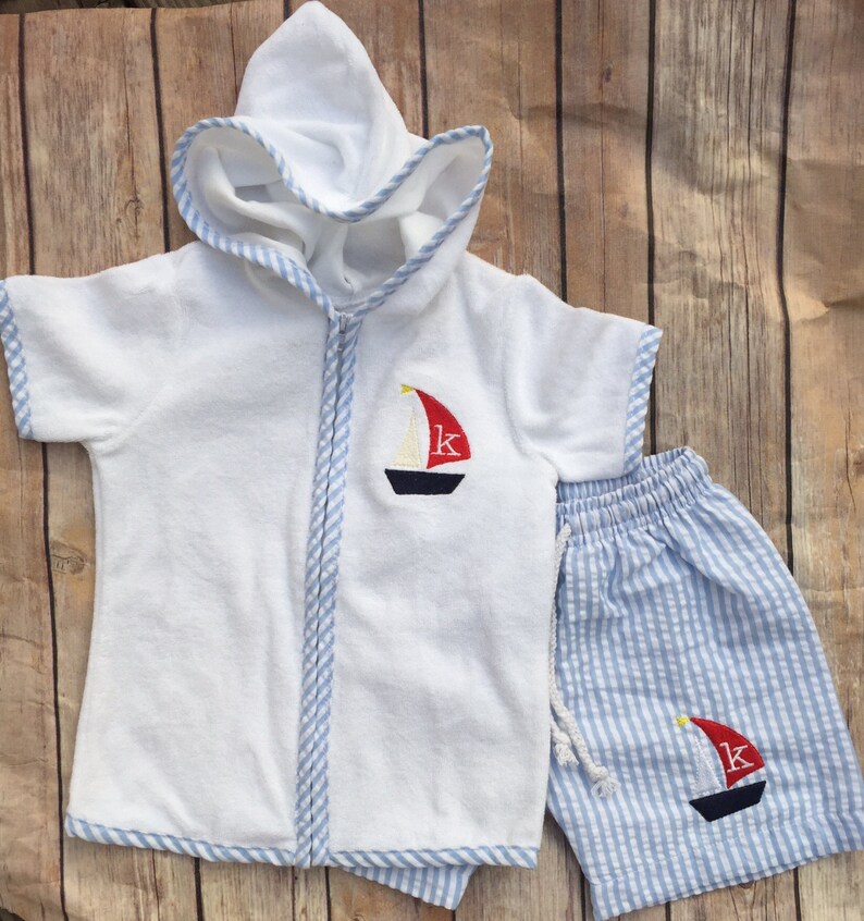 boys beach cover up Boys Monogrammed Seersucker Swim Trunks and Coverup Personalized toddler swim suit seersucker swimsuit coverup