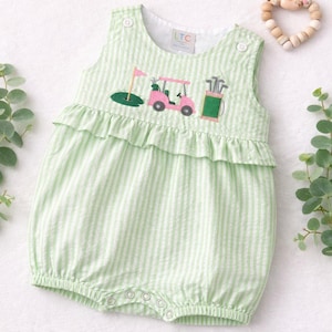 Golf Outfit for Girl | Golfing Theme Baby Romper | Green Seersucker Bubble | Embroidered Golf Cart