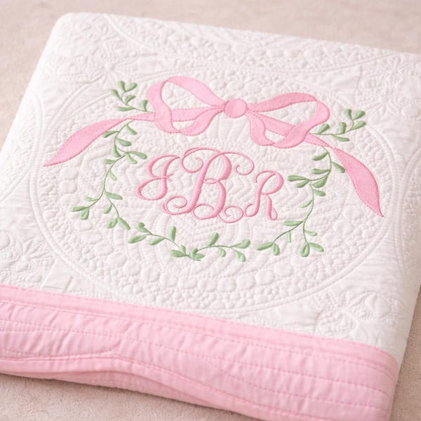 Personalized Heirloom Baby Quilt – Embroidered Bow Monogram Blanket – Nursery Decor