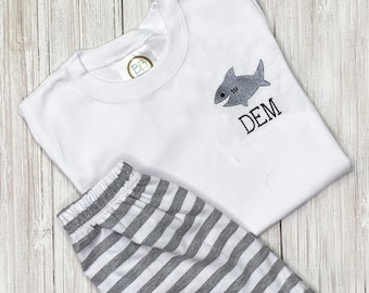 Personalized Boys Shark Outfit: Embroidered Shirt & Striped Shorts