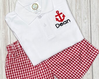Personalized Boys Anchor Polo & Gingham Shorts Outfit