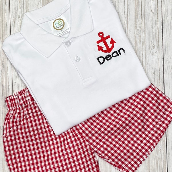 Boys Personalized Polo / Boys Anchor Polo / Boys Shorts Set / Polo and Shorts Outfit / Toddler Summer Outfit / Gingham Shorts / Gift for Boy