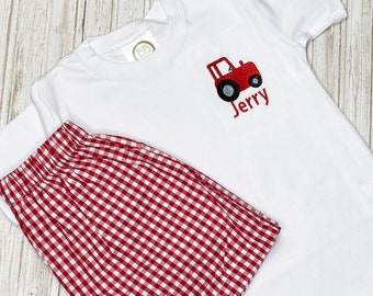 Personalized Tractor Toddler Shirt & Gingham Shorts Set