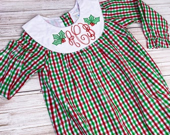 Monogrammed Christmas Dress: Holly Berry Plaid Bishop Dress