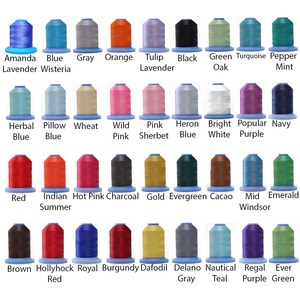 May include: A chart of 36 spools of embroidery floss, each with a different color and name. The colors include red, blue, green, purple, pink, orange, yellow, brown, black, white, and gray. The names include Amanda Lavender, Blue Wisteria, Gray, Orange, Tulip Lavender, Black, Green Oak, Turquoise, Pepper Mint, Herbal Blue, Pillow Blue, Wheat, Wild Pink, Pink Sherbet, Heron Blue, Bright White, Popular Purple, Navy, Red, Indian Summer, Hot Pink, Charcoal, Gold, Evergreen, Cacao, Mid Windsor, Emerald, Brown, Hollyhock Red, Royal, Burgundy, Dafodil, Delano Gray, Nautical Teal, Regal Purple, and Ever Green.