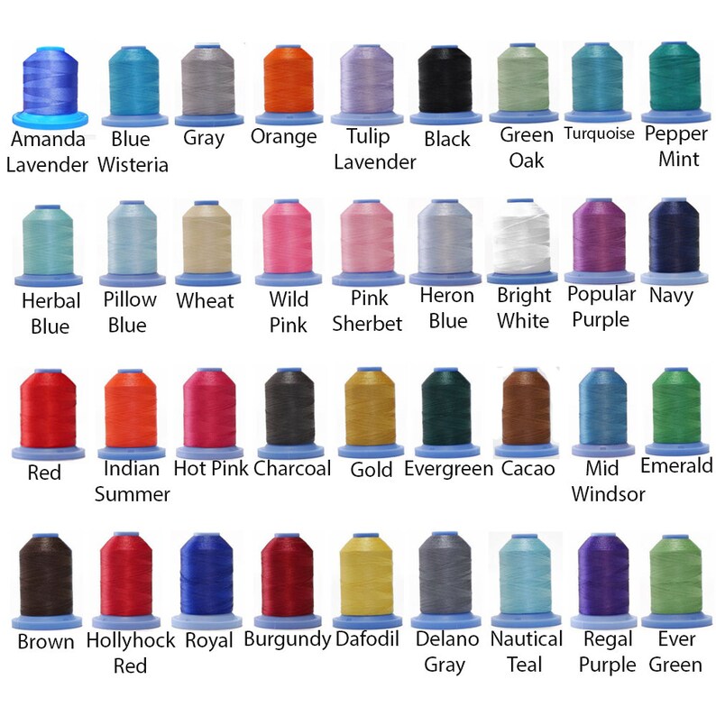 May include: A chart of 36 spools of embroidery floss, each with a different color and name. The colors include red, blue, green, purple, pink, orange, yellow, brown, black, white, and gray. The names include Amanda Lavender, Blue Wisteria, Gray, Orange, Tulip Lavender, Black, Green Oak, Turquoise, Pepper Mint, Herbal Blue, Pillow Blue, Wheat, Wild Pink, Pink Sherbet, Heron Blue, Bright White, Popular Purple, Navy, Red, Indian Summer, Hot Pink, Charcoal, Gold, Evergreen, Cacao, Mid Windsor, Emerald, Brown, Hollyhock Red, Royal, Burgundy, Dafodil, Delano Gray, Nautical Teal, Regal Purple, and Ever Green.