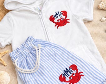 Personalized Boys Swim Trunks & Cover Up Set | Monogram Crab Beach Outfit | Seersucker Swim Shorts | Custom Toddler Boy Beachwear
