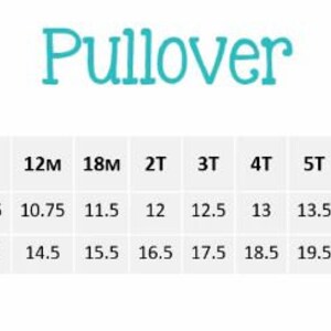 May include: Size chart for a pullover with measurements in inches for chest width and length. Sizes range from 6 months to 10 years.